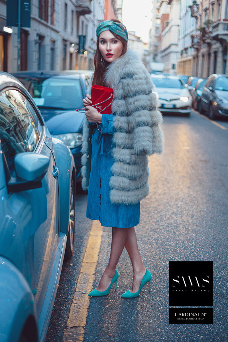 New beetle in Milan winter street image for Cardinalno Savasmilano commercial, in vintage Italian styled campaign by fashion photographer Alex Kipenko crazy blue shoes fur