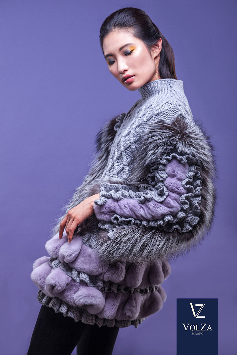 New Fashion trend are purple soft sheared fur coats used in the Korean model Volza luxury brand in Milan